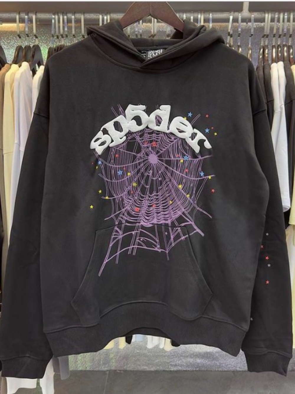 Black Graphic Hoodie Sweater with Purple Spiderweb Design